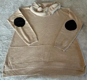 Women’s Cozy Beige Cowl Neck Sweater with Black Elbow Patches Size Large thumbnail 1