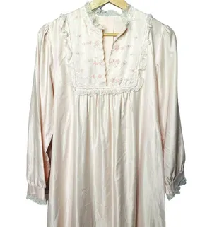 Vintage Pink Satin Long Nightgown Modest Sleepware Embroidered Pockets u Size L thumbnail 2