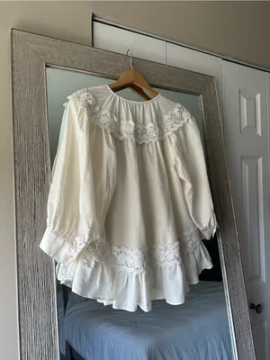 Kate Spade White 100% Silk Chiffon Lace Ruffle Tie Neck Peplum Blouse Small thumbnail 2