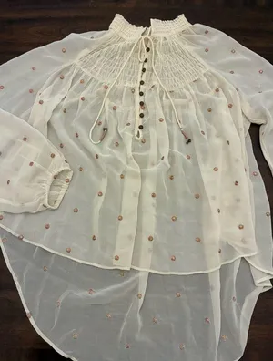 Free People Ready To Run Blouse Top Women’s Medium Shearling Dot White Button Up thumbnail 1