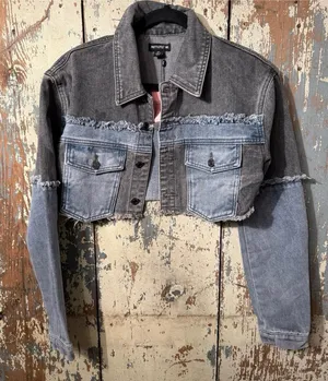 NWT PrettyLittleThing Washed Gray Double Layered Denim Cropped Jean Jacket 2 XS thumbnail 1