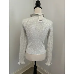 H&M Grey‎ Ribbed Mock Neck Sweater Medium Long Sleeve Ruffle Girlhood Office Neutral thumbnail 5