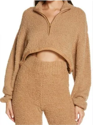 SKIMS Teddy Fleece Quarter Zip Cropped Pullover Beige Cozy Lounge Top L XL thumbnail 1