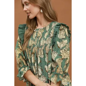 Umgee Mix Floral Print Smocked Ruffle Detail Flowy Dress - Sage Mix - Large thumbnail 5