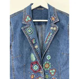 Women’s Aztec Embroidered Denim Jacket Boho Western Floral Pocket Size S thumbnail 3