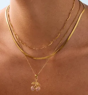 3 layered necklace set gold with cherry charm and snake chain thumbnail 2