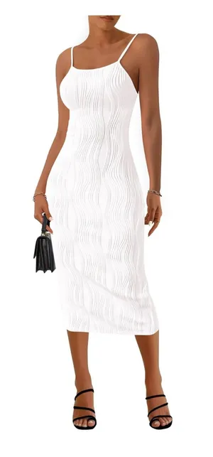 Slim Fit White Midi Dress with Spaghetti Straps thumbnail 1