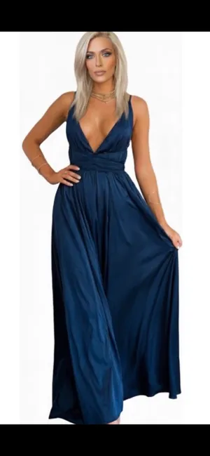 Elegant satin Navy backless Maxi Dress with 10 way back tie options thumbnail 10
