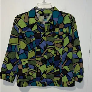 Linear Multicolored Geometric Pattern Lightweight Button Up Jacket 071426 Green Size M thumbnail 1