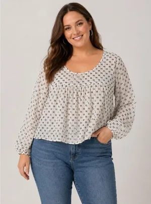 Merona Womens XL White Black Geometric Dot Babydoll Blouse Balloon Sleeve Cottagecore thumbnail 1