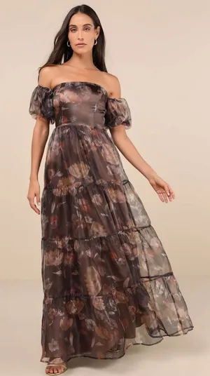 Lulus Exquisite Finesse Brown Floral Organza Maxi Dress With Pockets thumbnail 1