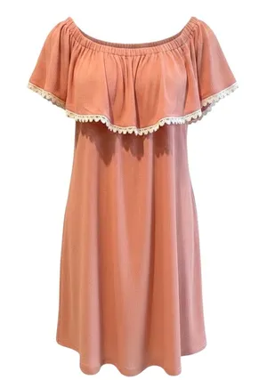 Papaya Watermelon Peach Top Boho Ruffle‎ Off Shoulder Lace Trim Womens S thumbnail 1