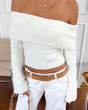 Fold Over Cropped Sweater White thumbnail 1