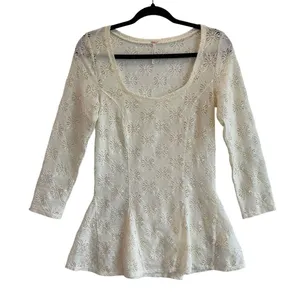 Free People Ivory Lace Tunic Top Medium Floral Sheer Long Sleeve Boho Festival thumbnail 2