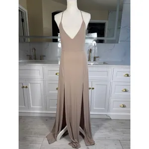 Maxi Dress Womens M Taupe Deep V-Neck Double Slit Open Back Gown thumbnail 3
