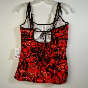 Hapari Lava SOS Tankini‎ Top Red Brown Floral Lace Up Back NWT Large thumbnail 2