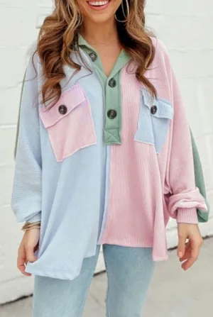 Multicolor Pastel Pink Green Blue Colorblock Patchwork Ribbed Pullover Top Size M thumbnail 1