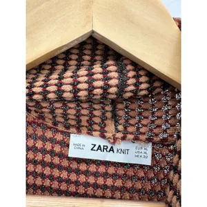 Zara Sweater Women XL Tan Black Red Long Sleeve‎ Open Front Knit Cardigan thumbnail 6
