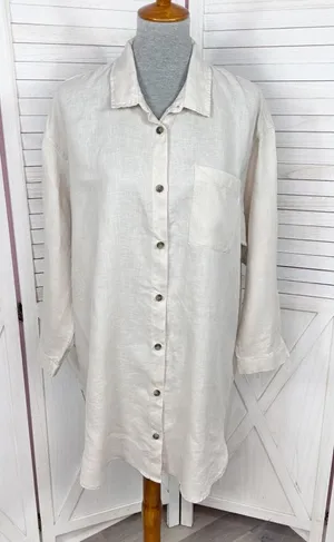 H&M Home Linen Button Up Shirt Dress Beige‎ Tan Medium Long Sleeve Beach thumbnail 1