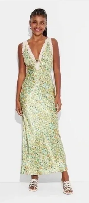 Wild Fable Women's Floral Print Maxi Slip Dress Lace Trim Wedding Guest Size XXS thumbnail 1