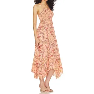 NEW FREE PEOPLE heat wave printed maxi slip dress in dusk coral combo sz L thumbnail 3