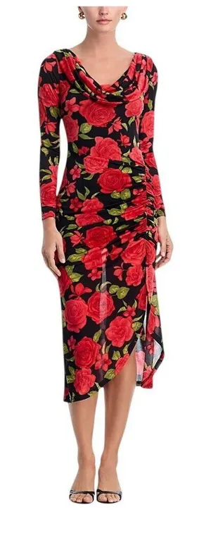 NWT Aqua Womens Knit Rose Jersey Cowl Neck Dress IDO14215 Red / Black L thumbnail 1