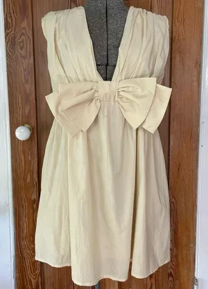 BUCKET LIST Darcy Cream Big Bow Deep V Babydoll Coquette Mini Dress - Size M thumbnail 6