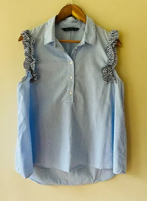 Zara Sz M Blue Sleeveless Tank Top With Ruffle Detail Button thumbnail 1