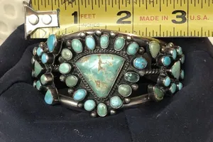 Navajo Indian 70 grams Sterling Silver Turquoise Cluster Bracelet Signed thumbnail 14