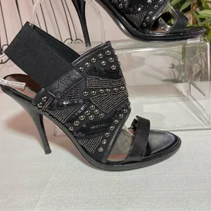 Miss Sixty Sade Stiletto Heels Black Leather Studs Jeweled Slingback Size 38 thumbnail 4