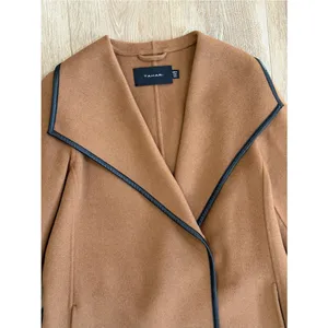 Tahari Wool Blend Faux Leather Trim Belted Coat Caramel Size Medium thumbnail 8