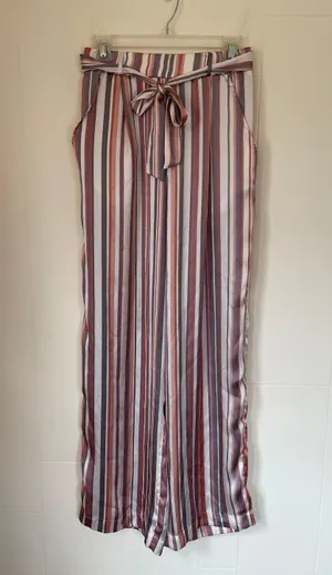 satin striped pants elastic waist belted pink grey women’s size M thumbnail 1