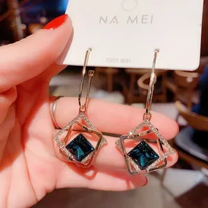 Blue Crystal Square Dangle Drop Earrings for Women Gold thumbnail 4