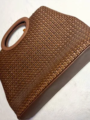 Vintage Fossil Brown Woven Tote Bag with Leather Trim & Logo Key Charm thumbnail 7