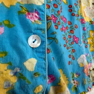 Floral‎ M Blue Print 100% Cotton Pajama Top Short Sleeve Pearl Button India Boho thumbnail 3
