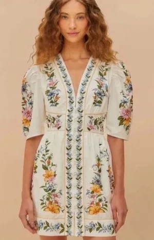 Farm Rio Sweet Bloom Dreamscape Floral Puff Sleeve Mini Dress Size L thumbnail 1