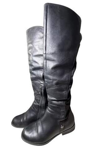 Anne Klein Black Leather Over The Knee Boots Mixed Media Flat Riding Boot 6.5 thumbnail 1