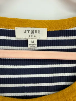 Umgee Striped T-Shirt Dress M Navy Blue White Yellow Mixed Stripe Raglan Mini thumbnail 3