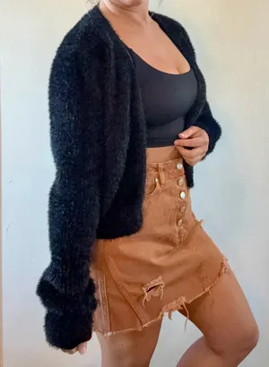 Lulus Black Fuzzy Eyelash Knit Cropped Open Front Cardigan Size Small thumbnail 2