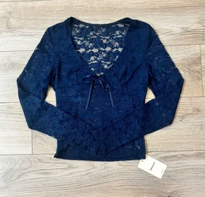 Navy Blue Floral Lace Tie Front Long Sleeve Top NWT thumbnail 1