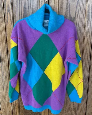 Vintage Aziza Argyle Lambswool Angora Sweater‎ Turtleneck Oversized thumbnail 1