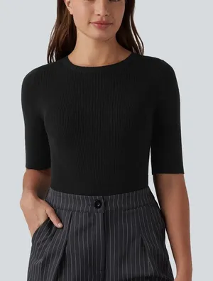 Halara Ribbed Knit Sweater Size Medium Black Work Office Minimalist Fitted thumbnail 1