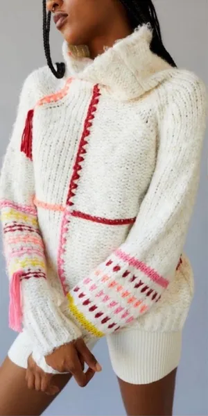 BDG Urban Outfitters Anissa Cream Knit Multicolored Fringe Mockneck Sweater thumbnail 1
