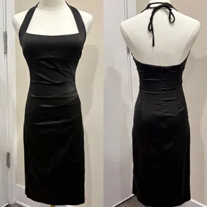 VTG Y2K Cache Black Satin Halter Ruched Bodycon Cocktail Wiggle Dress Pinup Sz 2 thumbnail 2