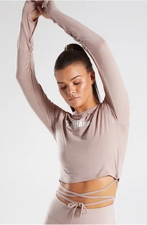Gymshark Pink Beige Cropped Ruched Tie Up Ribbon Long Sleeve Top‎ Size M thumbnail 1