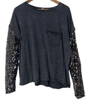 Free People Celine Sequin Sleeve T-Shirt Womens Sz XS Holiday New Years Sheer thumbnail 3