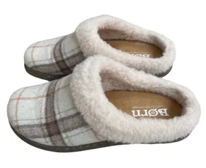 Born Womens Plaid Wool Blend Faux Fur size 8 Slippers Cream Tan Brown Mules thumbnail 1