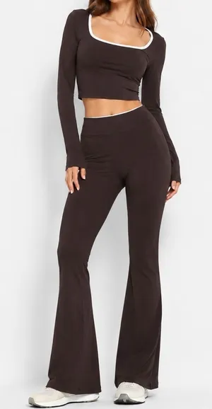 Women's 2 Piece Lounge Set Brown Size S Crop Top Flare Pants White Trim Y2K thumbnail 1