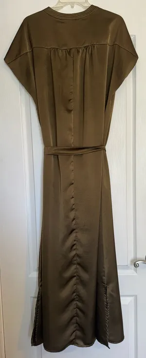 Glam olive green silky tie waist short sleeve maxi dress with side slits thumbnail 4