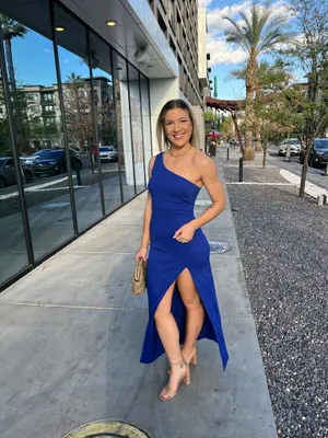 Lulus One Shoulder High Slit Maxi Dress royal blur thumbnail 2